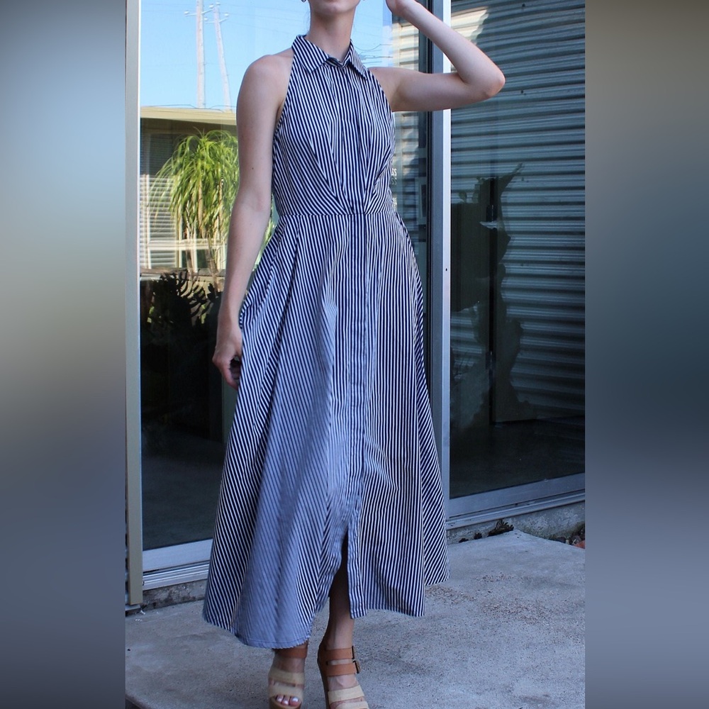 ISO 1990s DKNY Donna Karen cotton button down striped halter maxi dress